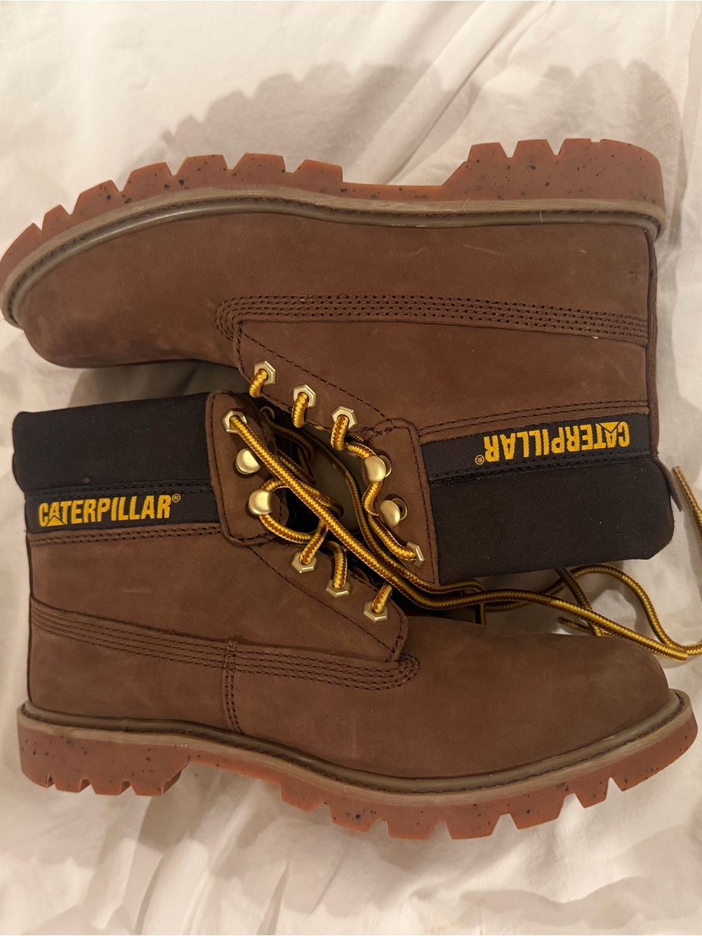Caterpillar Brown Work Boots with Black Collar and Yellow Accents